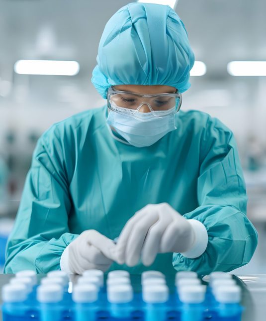 Laboratory technician organizing samples pharmaceutical facility scientific research cleanroom environment focused viewpoint